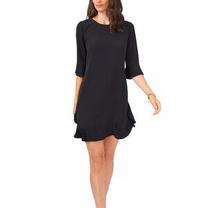MSK Women's Pleated Ruffle-Trim 3/4-Sleeve Dress Black Size L